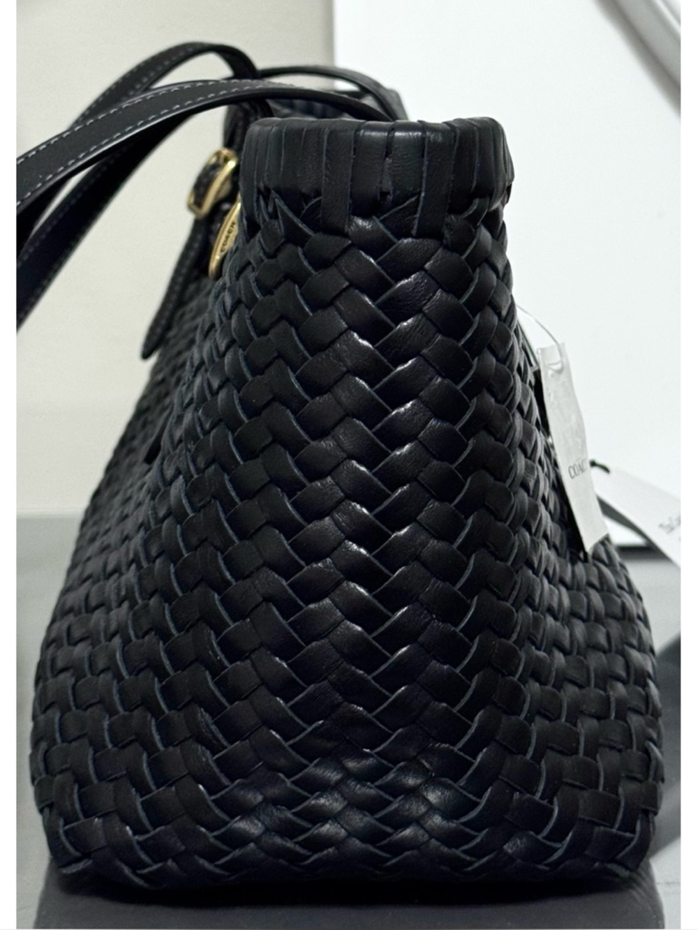COACH Woven Leather Swing Tote Bag, BLACK/ GOLD - Picture 5 of 11